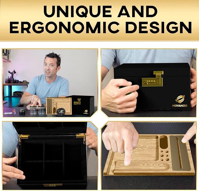 HOVANZO Premium Large Bamboo Storage Box with Organizer Tray - Storage Wood Box and Accessories - Decorative Box with Combination Lock - Large Wooden Container - Box Kit with Glass Jars