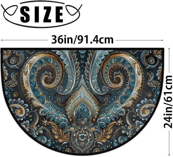 Paisley Half Round Doormat Non-Slip Semi Circle Rug Half Moon Mat | Ethnic Turquoise Washable Soft Absorbent Indoor Outdoor Entrance Kitchen Bathroom Sink Patio Welcome Fireplace Floor Rug