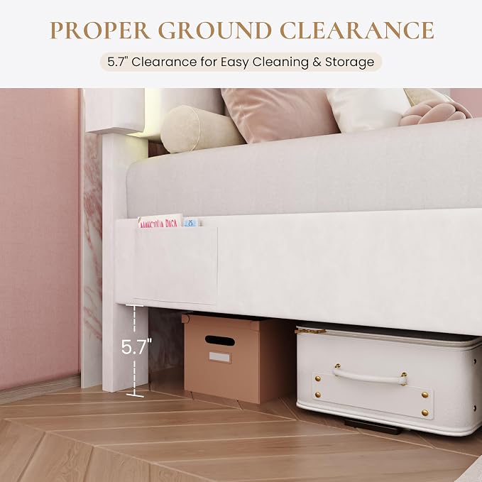 SHA CERLIN Full Size Bed Frame with LED Lights and Storage Drawer, White | Upholstered Velvet Platform Bed with Adjuatable Wavy Headboard, Noise-Free, Easy Assembly,No Box Spring Needed