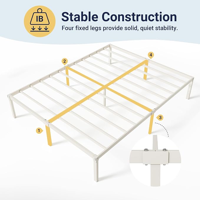 Allewie Full Size Bed Frame, 14 inch Metal Beds with Storage Space, Beige | Heavy-Duty Metal Platform Beds, Large Under-Bed Storage Space, No Box Spring Needed, Easy Assembly