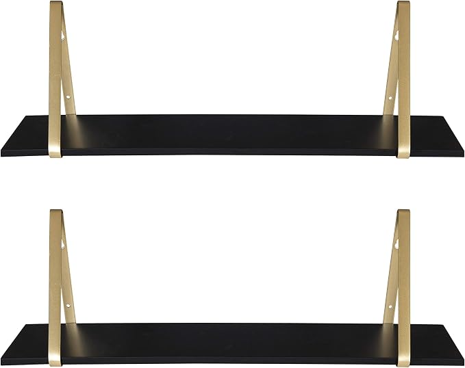 Kate and Laurel Soloman Black Wooden Shelves with Gold Metal Brackets, 2 Piece Set