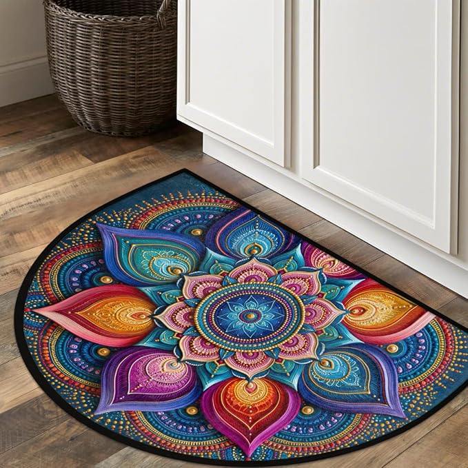 Mandala Half Round Door Mat Semi Moon Rug Fireplace Carpet Area Rugs | Rainbow Lotu Non Slip Absorbent Half Circle Mat Carpet for Indoor Outdoor Patio Kitchen Bathroom Entryway Home Decor