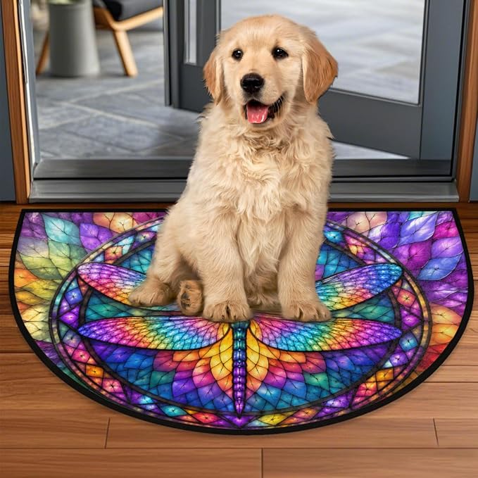 Dragonfly Half Round Door Mat Welcome Entrance Mat Bath Bathroom Rug A9 | Dragonfly Glass Painting Welcome Entrance Mat Anti-Slip Half Moon Bath Mat Semi Circle Rug Indoor Outdoor Kitchen Rug
