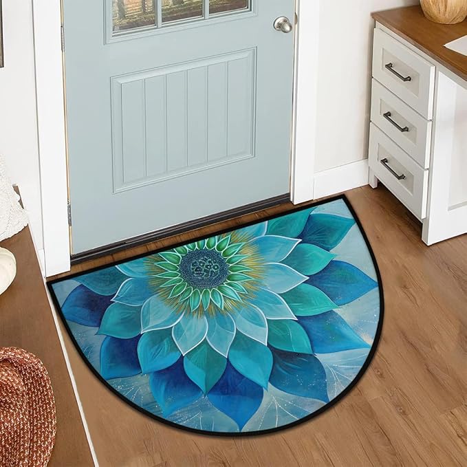 Teal Mandala Flower Half Round Door Mat Non-Slip Semi Circle Rug Washable Half Moon Floor Rug Absorbent Bathroom Area Rugs for Outdoor Indoor Fireplace Mat Entryway Kitchen Decor Rugs