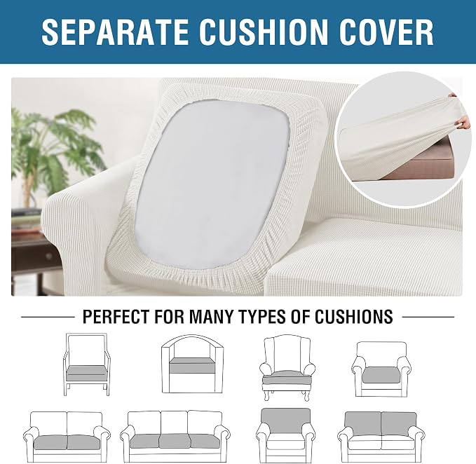 H.VERSAILTEX 4 Piece Stretch Sofa Covers for 3 Cushion Couch Furniture Slipcovers for Living Room (1 Base Cover Plus 3 Seat Cushion Covers) Jacquard Fabric Cover (XL Sofa, Porcelain White)