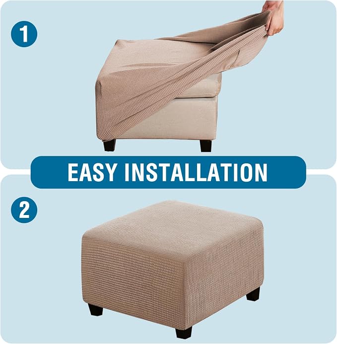 H.VERSAILTEX Square Ottoman Covers Ottoman Slipcovers Folding Storage Stool Furniture Protector Form Fit with Elastic Bottom, Stretch High Spandex Small Checks Jacquard Fabric(Large,Sand)