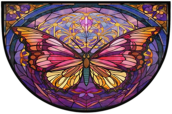 Moroccan Azulejo Butterfly Half Round Door Mat Intdoor Entrance 36x24 Inch, Non-Slip Welcome Mat for Outdoor Semi Circle Bathroom Floor Rugs,House Entry Way Heavy Duty Doormat for Kitchen Living Room