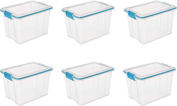 Sterilite 20 Qt Gasket Box, Stackable Storage Bin with Latching Lid and Tight Seal, Plastic Container to Organize Basement, Clear Base and Lid, 6-Pack