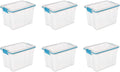 Sterilite 20 Qt Gasket Box, Stackable Storage Bin with Latching Lid and Tight Seal, Plastic Container to Organize Basement, Clear Base and Lid, 6-Pack