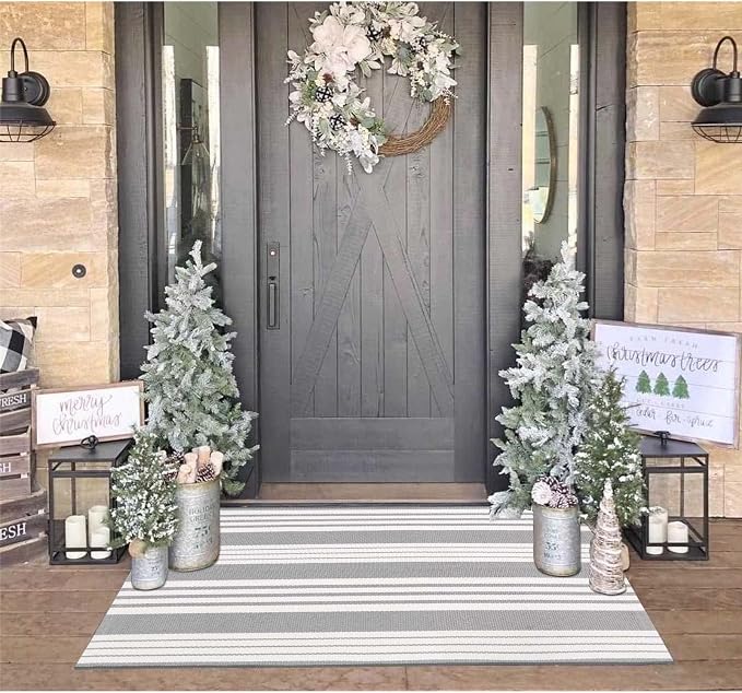 OJIA Entryway Rug 3'x5' Outdoor Rugs Front Door Mat Outside Entrance Decor | Cotton Woven Front Door Mat Outdoor Doormat Machine Washable Grey & White Striped Entry Porch Rugs for Farmhouse/Home Decor