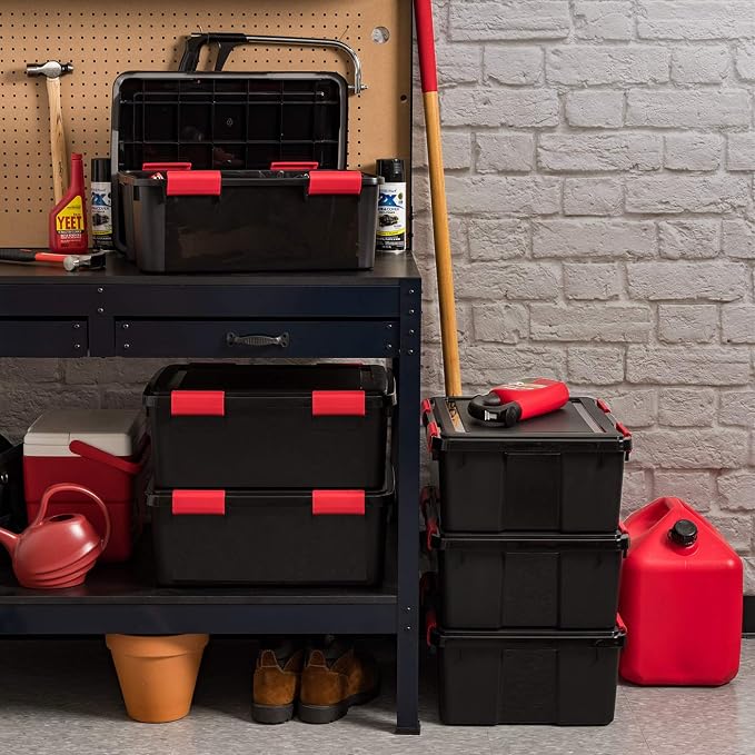 IRIS USA 4-Pack 31 Qt Storage Bins with Gasket Lids, Black/Red | WeatherPro seal protects everyday essentials in closets, offices and laundry rooms