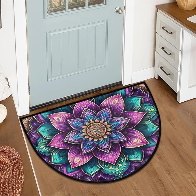 Bohemia Half Round Doormat Semi Circle Rug Half Moon Rug Entryway Mat | Boho Mandala Washable Non Slip Outdoor Floor Rug Kitchen Mat for Indoor Outdoor Bathroom Fireplace Bath Decor