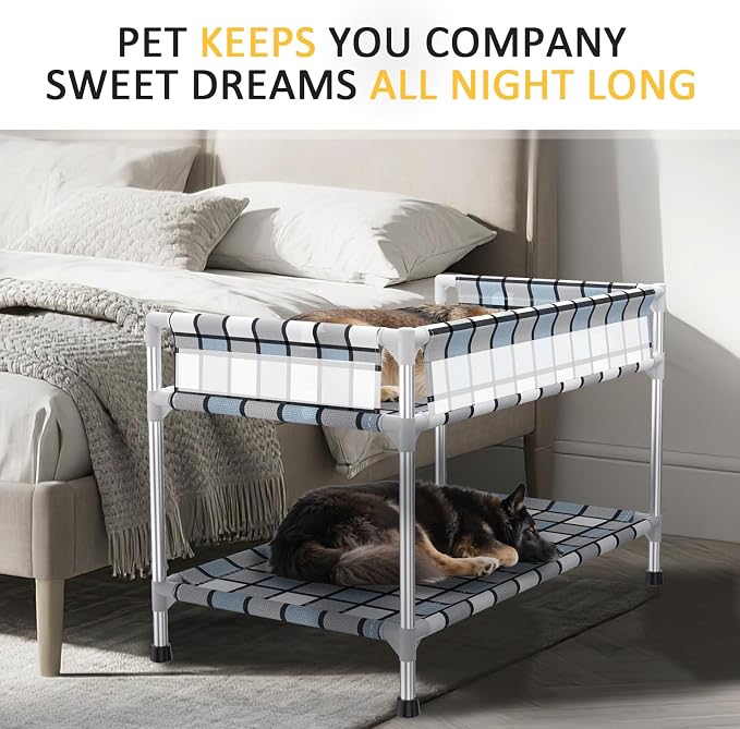 Bedside Window Dog Bunk Bed - Double Elevated Human Dog Bed with Guardrail 2 Layers Window Perch Dogs Cot 2-Tier Bedside Sleeper for Multi-Pet Households (34" x 20" x 24", Double Layer)