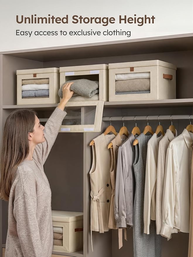 Homsorout Medium Fabric Storage bins - Collapsible Storage Bins with Open Window, 4 Pack Closet Baskets for Shelves, Stackable Decorative Boxes for Home, Dorm, Beige, 13.7"x 9.8" x 9.8"