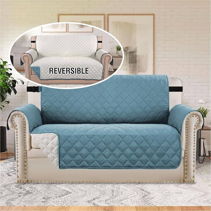 Sofa Protector for Dogs/Cats/Pets Sofa Covers Slipcover Quilted Couch Coveres Loveseat Covers with Non Slip Elastic Strap Water Resistant Seat Width: 54" (Oversized Loveseat, Smoke Blue/Beige)