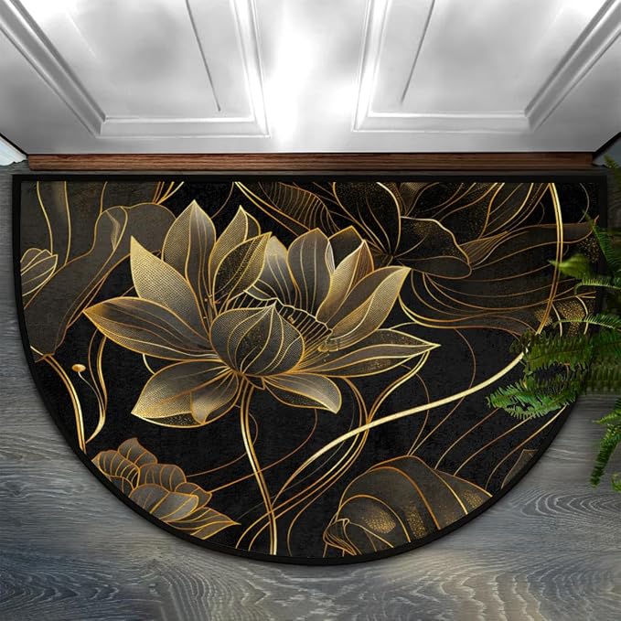 Lotus Golden Half Round Door Mat Semi Moon Rug Fireplace Carpet Area Rugs | Flower Lotus Non Slip Absorbent Half Circle Mat Carpet for Indoor Outdoor Patio Kitchen Bathroom Entryway Home Decor