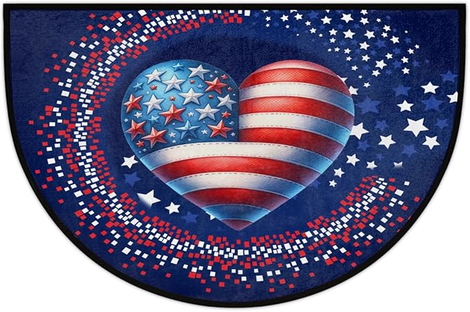 USA Flag Half Round Doormat Semi Circle Rug Half Moon Rug Entryway Mat | Heart Washable Non Slip Outdoor Floor Rug Kitchen Mat for Indoor Outdoor Bathroom Fireplace Bath Decor