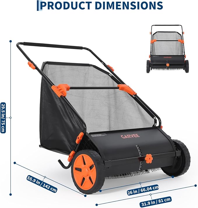 26 Inch Push Lawn Sweeper with Large 7 cu ft Collection Bag, Heavy Duty | Steel Frame, 10" Rubber Wheels, 4 Spinning Brushes, Manual Height Adjustment for Leaves Grass and Yard Debris, Black Orange