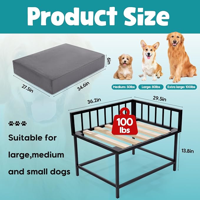BALAPET Stable Beside Dog Bed and Mattress Set, Beside Dog Bunk Beds for Large Dogs,Metal Bed Frame with Removable Cushion,Dogs Bed Attachment to Human Bed for Small, Medium & Large Breeds(Medium)