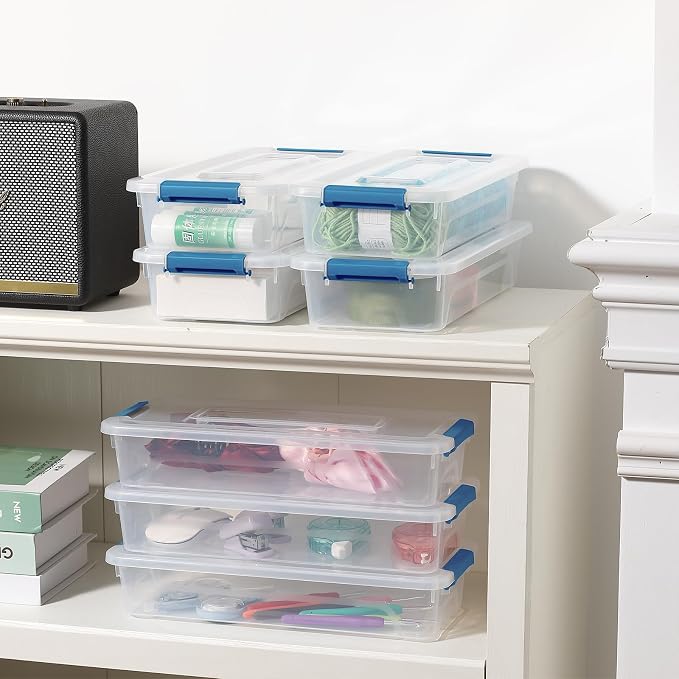 novelinks 4 Quart Clear Plastic Storage Containers with Lids (8 Pack) | Storage Bins with Lids, Stackable Small Clear Bins, Craft Storage Box, Paper Storage, Under Bed Storage Bins, Pencil Box