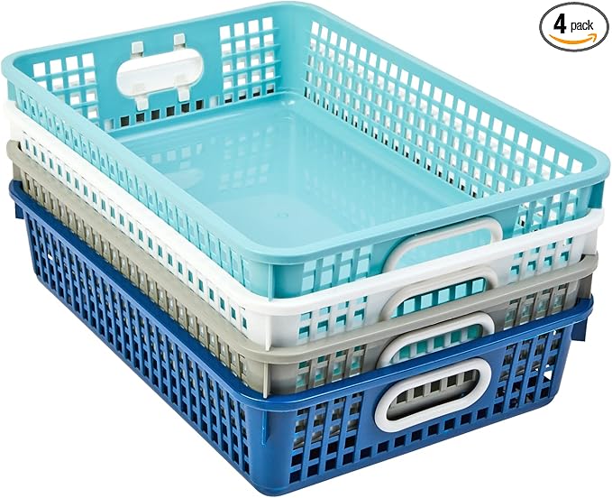 Really Good Stuff Small Desktop Paper Storage Baskets, Set of 4 | 14" x 10" x 3.25", Cool & Calm Colors, Stackable Mesh Baskets with Grip Handles