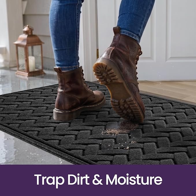 DEXI Front Door Mat Outside Entrance, 2x3 Heavy Duty Entry Doormat Dirt Trapper with Rubber Back, Non Slip Low Profile Floor Mats for Entryway Exterior Patio, Wave Charcoal