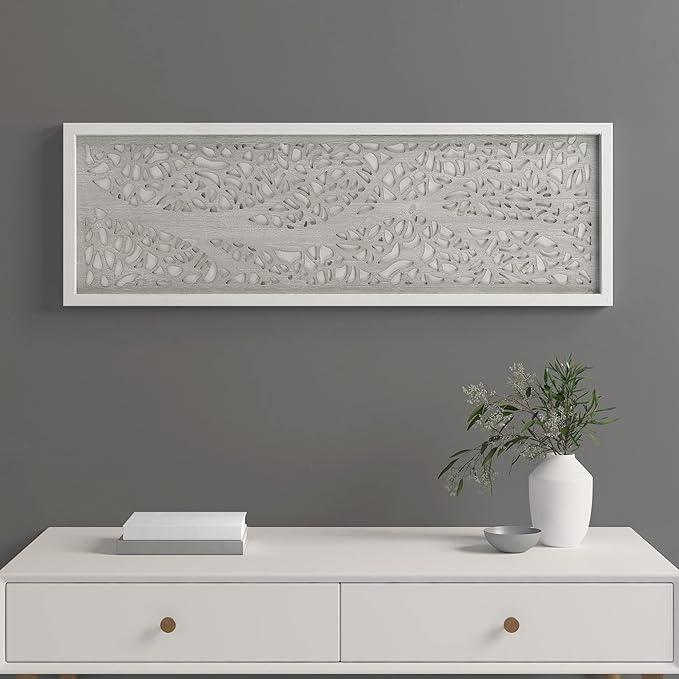 Madison Park Laurel Wall Art - Laser Cut Carved Botanical Tree Branches, Genuine Fir Wooden Framed, Rustic Finish - Modern Farmhouse Décor for Living Room, Ready to Hang Panel, 12 x 36, Natural Grey
