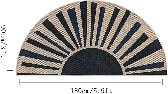 Easy Jute Sun Rug 3x6Ft Half Circle Sunshine Doormat Neutral Faux Jute Indoor Outdoor Carpet for Farmhouse Bedroom Entrance Balcony Kitchen Laundry Room, Nonslip, Half Round, Black/Blue 4