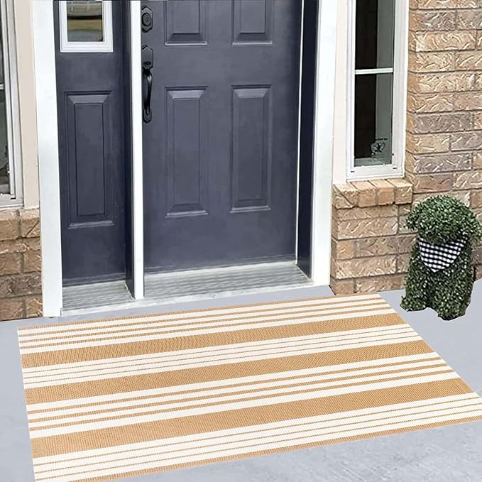 Khaki and White Striped Outdoor Rug 24'' x 51'' Front Porch Rug Hand-Woven Machine Washable Indoor/Outdoor Layered Door Mats for Entryway/Bedroom/Outdoor