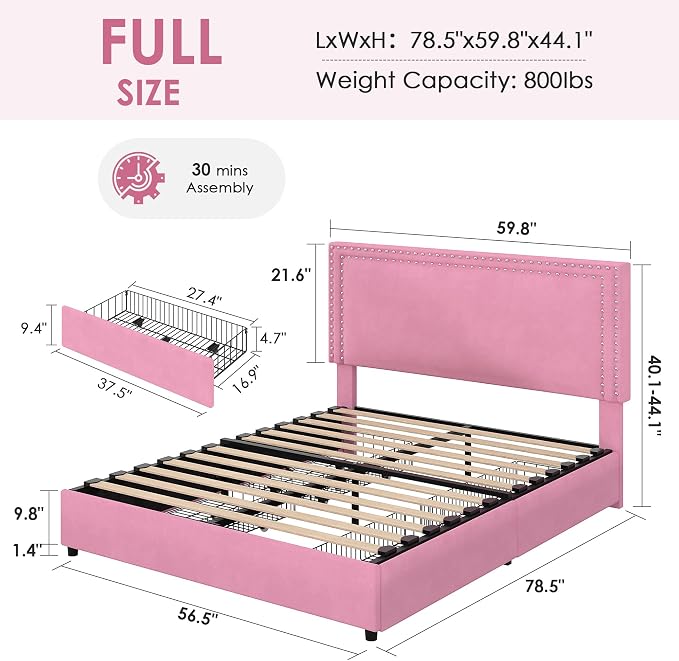 VECELO Full Size Upholstered Bed Frame with 4 Storage Drawers, Adjustable Velvet Rivet Decor Headboard, Wooden Slats Platform Support, No Box Spring Needed, Easy Assembly,Pink