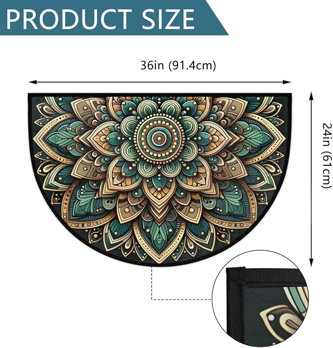 Mandala Ethnic Flower Half Round Door Mat Half Moon Rug Washable Half Circle Area Rugs Indoor Entrance Non Slip Semi Circle Bathroom Rugs Floor Carpet for Kithen Bedroom Fireplace Decor