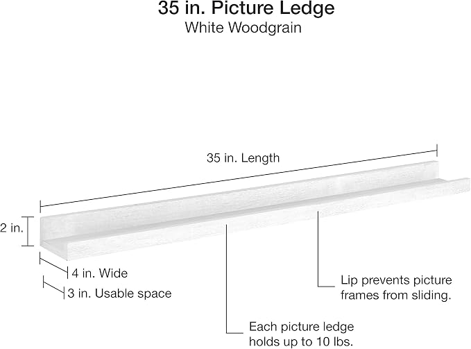MCS Picture Ledge Shelf, Room Decor Floating Shelf, White Woodgrain, 35 Inch