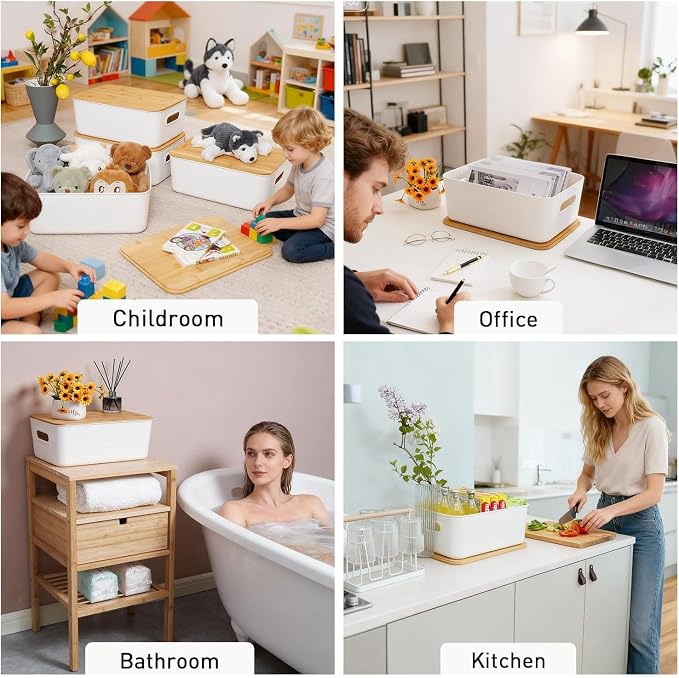 Citylife Storage Bins with Bamboo Lids 16QT Plastic Storage Containers Stackable Organizer Boxes with Handle for Desk Snacks, Toys, 2 PCS, 15" L x 10.6" W x5.8 H