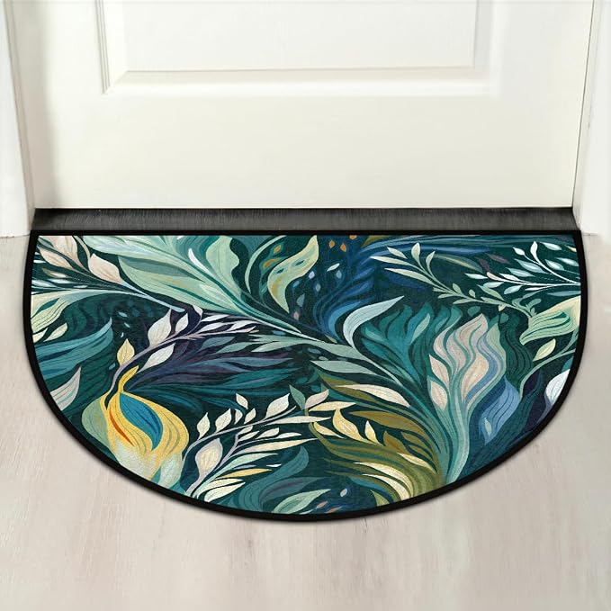 Leaves Half Round Doormat Non-Slip Semi Circle Rug Half Moon Mat | Painting Turquoise Washable Soft Absorbent Indoor Outdoor Entrance Kitchen Bathroom Sink Patio Welcome Fireplace Floor Rug