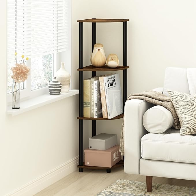 Furinno Turn-N-Tube Toolless Assembly 4-Tier Corner Shelf, Rustic Brown Corner Book Shelf, Open Shelves Bookshelf, for Organization and Storage, Living Room, Home Office, Bedroom, Amber Oak