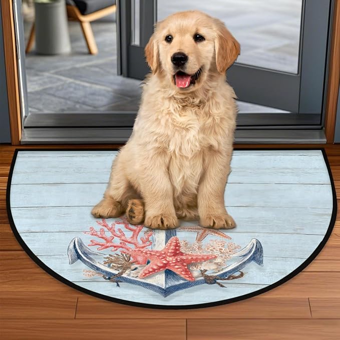 Pardick Half Round Door Mat Woodanchor Starfish Anti-Slip Semi Circle Rug 24X36 Indoor Door Mat Half Moon Bath Mats, Washable Decorative Welcome Floor Mats for Kitchen Bathroom Hearth Fireplace,Q-3