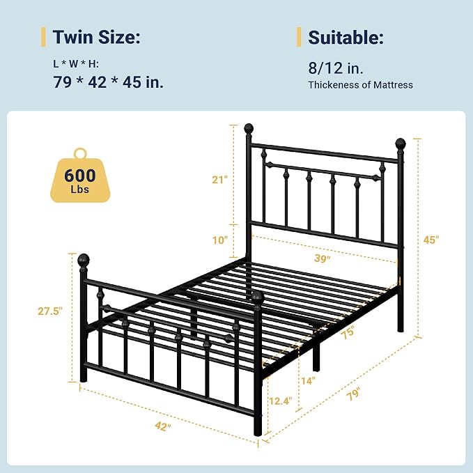 Allewie 14'' Twin Size Metal Platform Bed Frame, Vintage Headboard, Black | 45'' Tall Victorian Headboard/Footboard/Mattress Foundation/Under Bed Storage/No Box Spring Needed/Easy Assembly/Noise Free