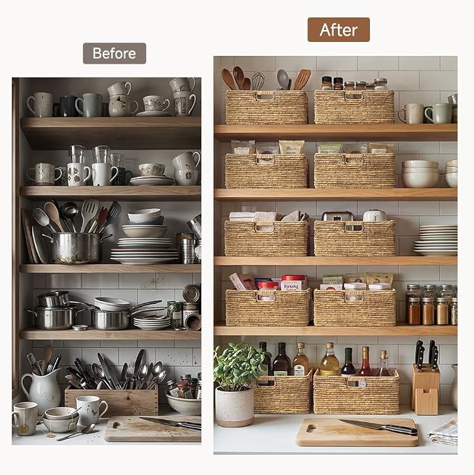 StorageWorks Extra Large Wicker Baskets for Storage, Water Hyacinth Storage Baskets for Shelves, Decorative Basket, Natural, 1-Pack, 16½" x 13" x 7½"
