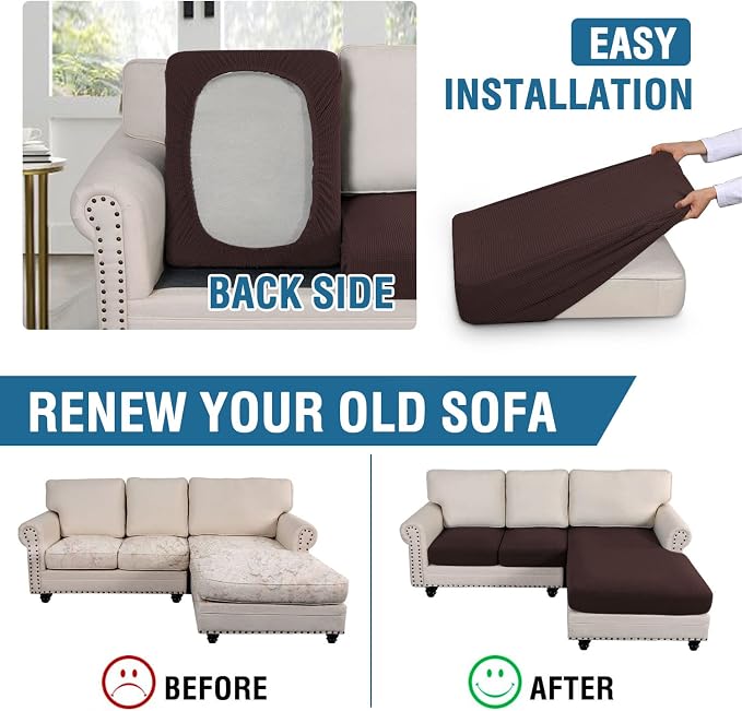 H.VERSAILTEX Sectional Couch Covers 3 Pieces Sofa Seat Cushion Covers L Shape Separate Cushion Couch Chaise Cover for Both Left/Right Sectional Couch (Seat Only: 1 Chaise + 2 Sofa, Chocolate)