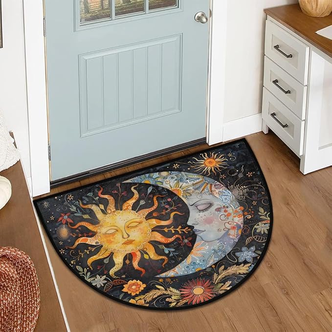Sun Moon Half Round Doormat Semi Circle Rug Half Moon Rug Entryway Mat | Ethnic Washable Non Slip Outdoor Floor Rug Kitchen Mat for Indoor Outdoor Bathroom Fireplace Bath Decor