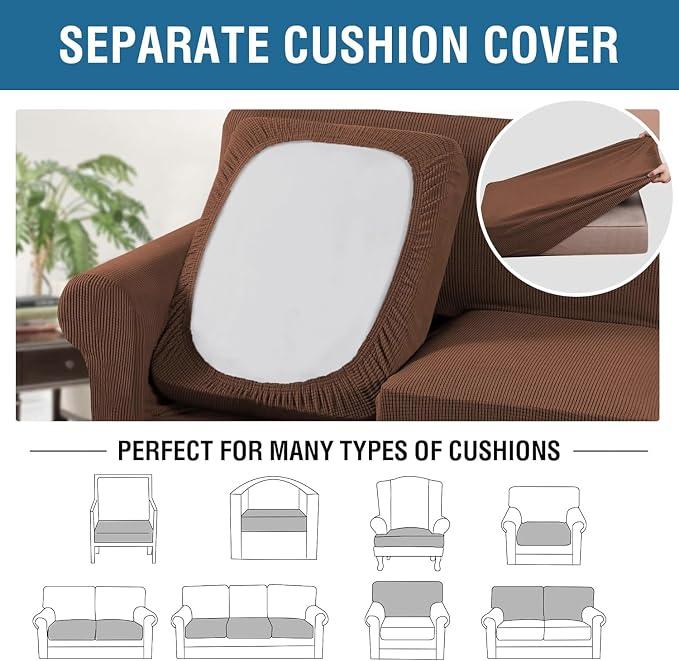 H.VERSAILTEX 4 Piece Stretch Sofa Covers for 3 Cushion Couch Covers for Living Room Furniture Slipcovers (Base Cover Plus 3 Seat Cushion Covers) Thicker Jacquard Fabric (Large Sofa, Caramel)