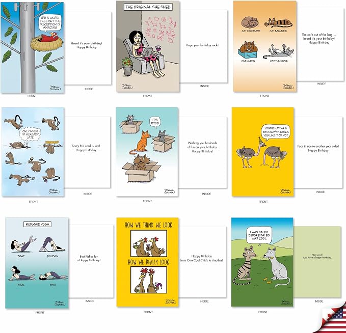 NobleWorks 36 Assorted Funny Birthday Cards Bulk Box Set with Envelopes, Rich Humor Cartoons Greeting Card Variety Pack for Men and Women (36 Designs, 1 Each) Celebrations AC7741BDG-B1x36