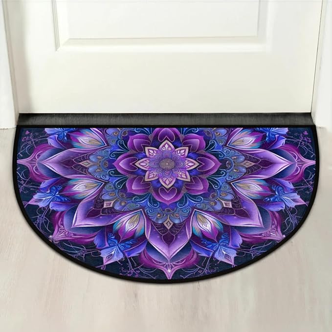 Mandala Purple Half Round Door Mat Semi Moon Rug Fireplace Carpet Area Rugs | Mandala Purple Non Slip Absorbent Half Circle Mat Carpet for Indoor Outdoor Patio Kitchen Bathroom Entryway Home Decor