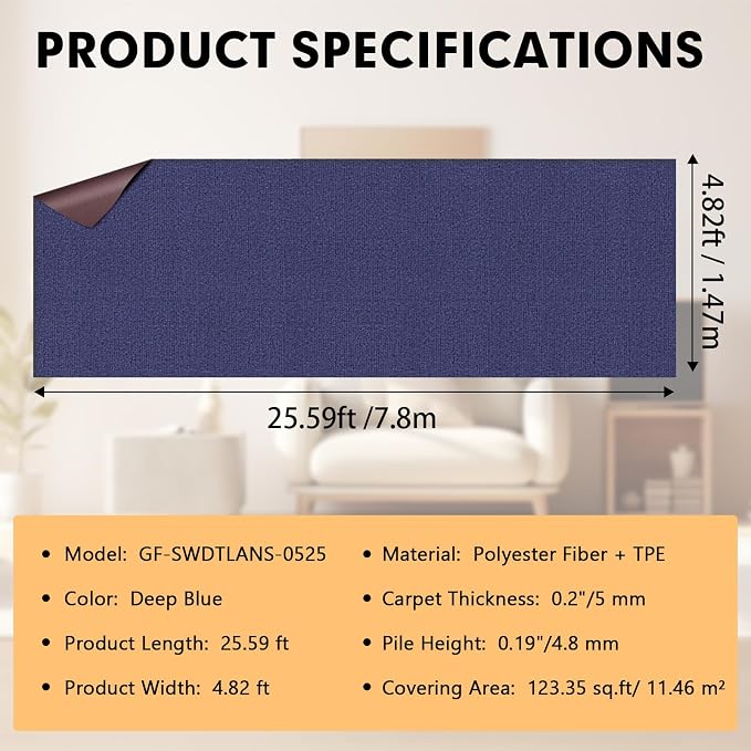 Grefinity Marine Carpet,5 FT x 25 FT Deep Blue Indoor Outdoor Carpet 0.2" Thick Boat Rug with Water-Proof TPE Backing for Home, Patio, Porch, Deck