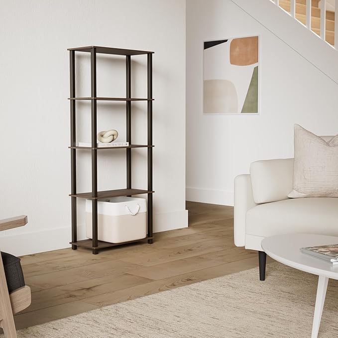 Furinno TURN-S-TUBE Book Shelf, 5-Tier Toolless Storage Shelves with Square Tubes, Shelving Unit for Organization and Storage for Living Room, Home Office, Walnut