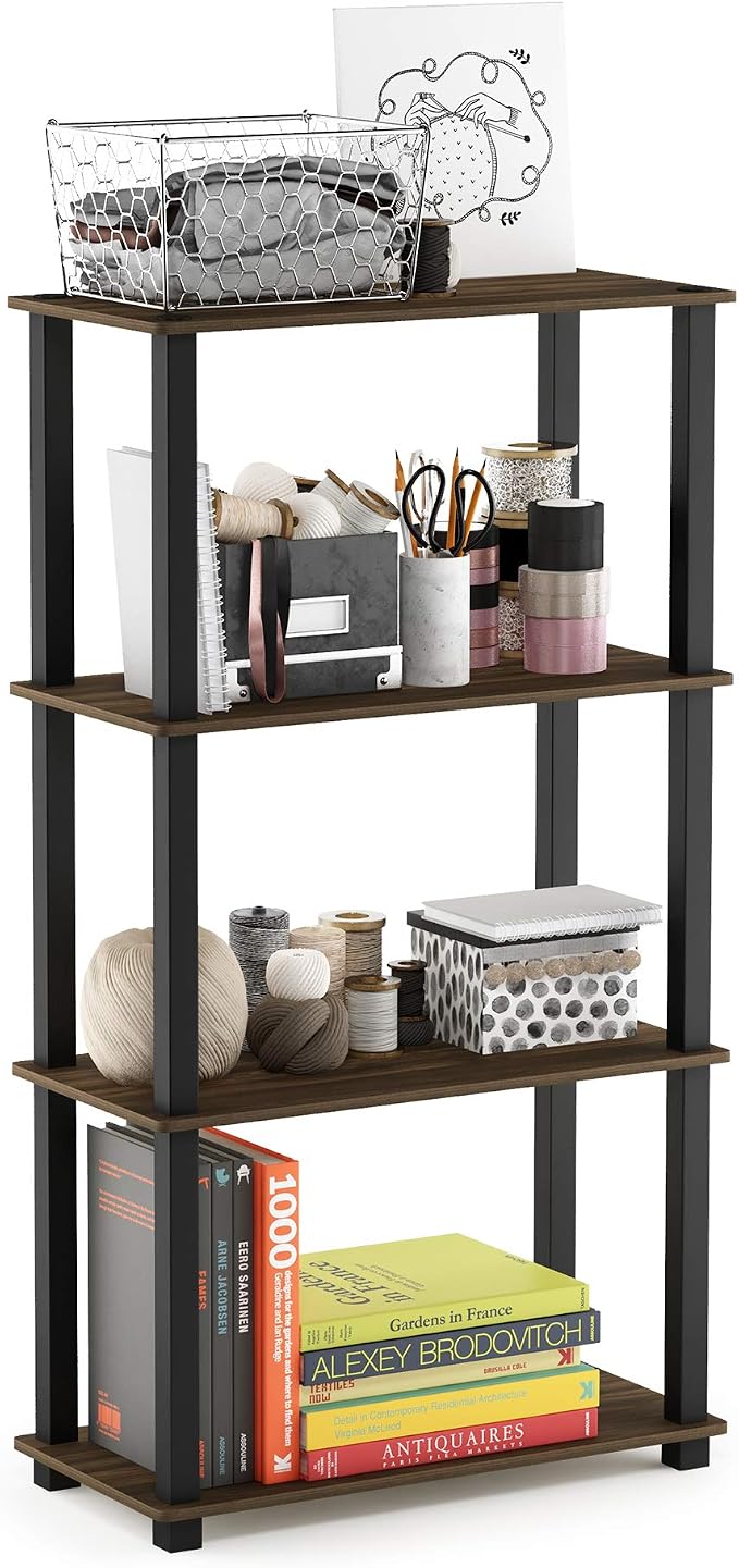 Furinno TURN-S-TUBE Storage Shelves, 4-Tier Book Shelf, Corner Shelf, Toolless Open Shelves, for Organization and Storage, Living Room, Garage, Home Office, Columbia Walnut