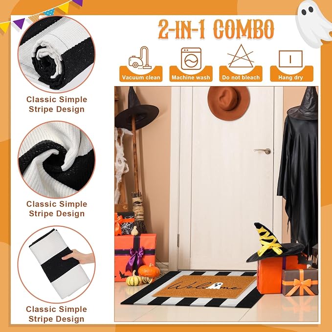 2 Pcs Outdoor Door Mat Combo Set Layered Outdoor Rug and Coir Welcome Doormat Non Slip Outside Floor Mat for Front Porch Entryway Patio Yard Decor(Halloween,24'' X 35'',24'' X 16'')