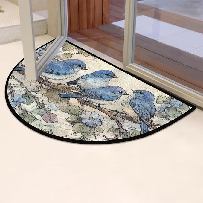 Pardick Vintage Blue Bird Branch Half Round Door Mat, Cute Animal Non-Slip Half Circle Area Rug Doormat Absorbent Half Moon Rug for Indoor Outdoor Kitchen Bedroom Home Decor