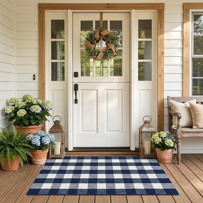 Buffalo Plaid Rug 3' x 5' Navy Blue and White Front Door Mat Reversible Layered Porch Rug Washable Hand Woven Cotton Area Rug for Indoor Outdoor Entryway Patio Porch Decor