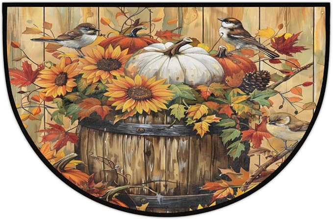 Fall Pumpkin Half Round Door Mat Semi Moon Rug Fireplace Carpet Area Rugs | Retro Fall Pumpkin Non Slip Absorbent Half Circle Mat Carpet for Indoor Outdoor Patio Kitchen Bathroom Entryway Home Decor